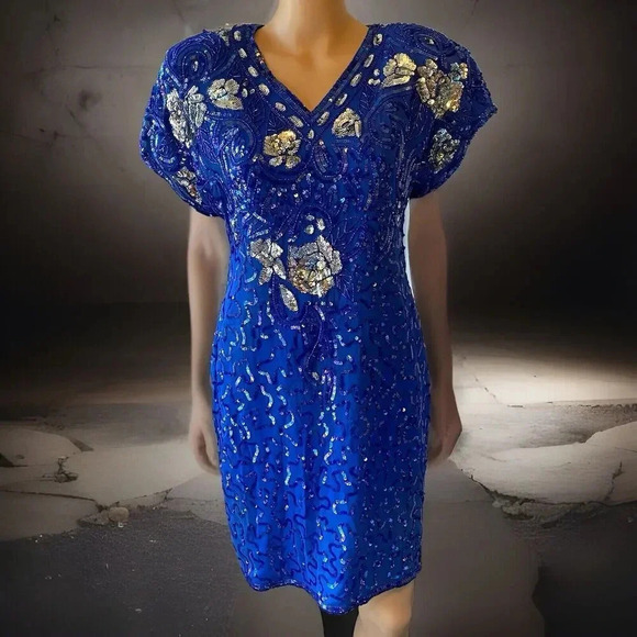 VTG Stenay Blue Silk Beaded Cocktail Dress Silver Sequins Sexy Back Peep Hole 8 - Picture 1 of 11